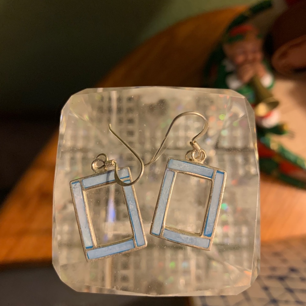 Pale blue mother of pearl inlay sterling earrings